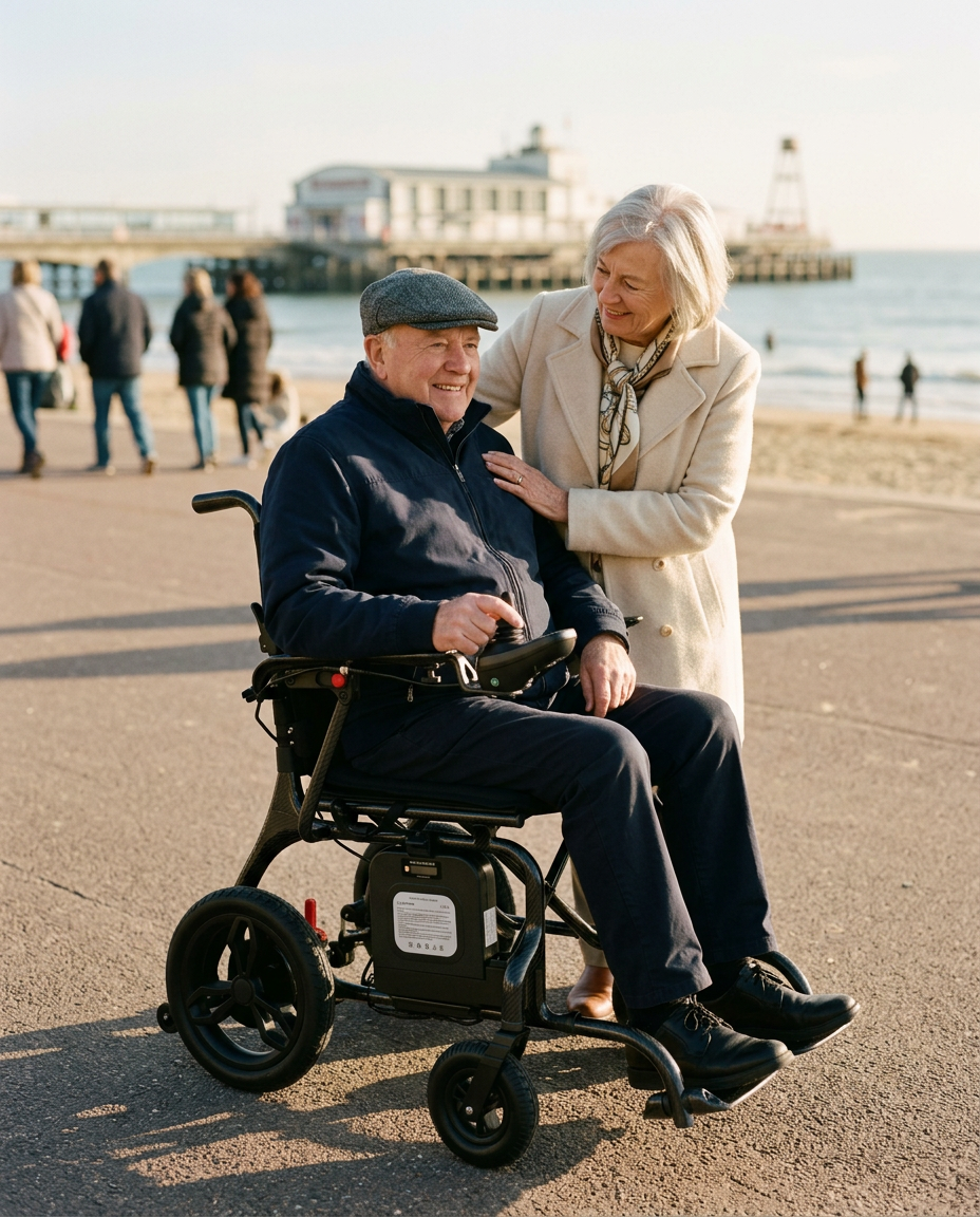 Margaret and Ron on Bournemouth seafront with their Eezy Carbon wheelchair